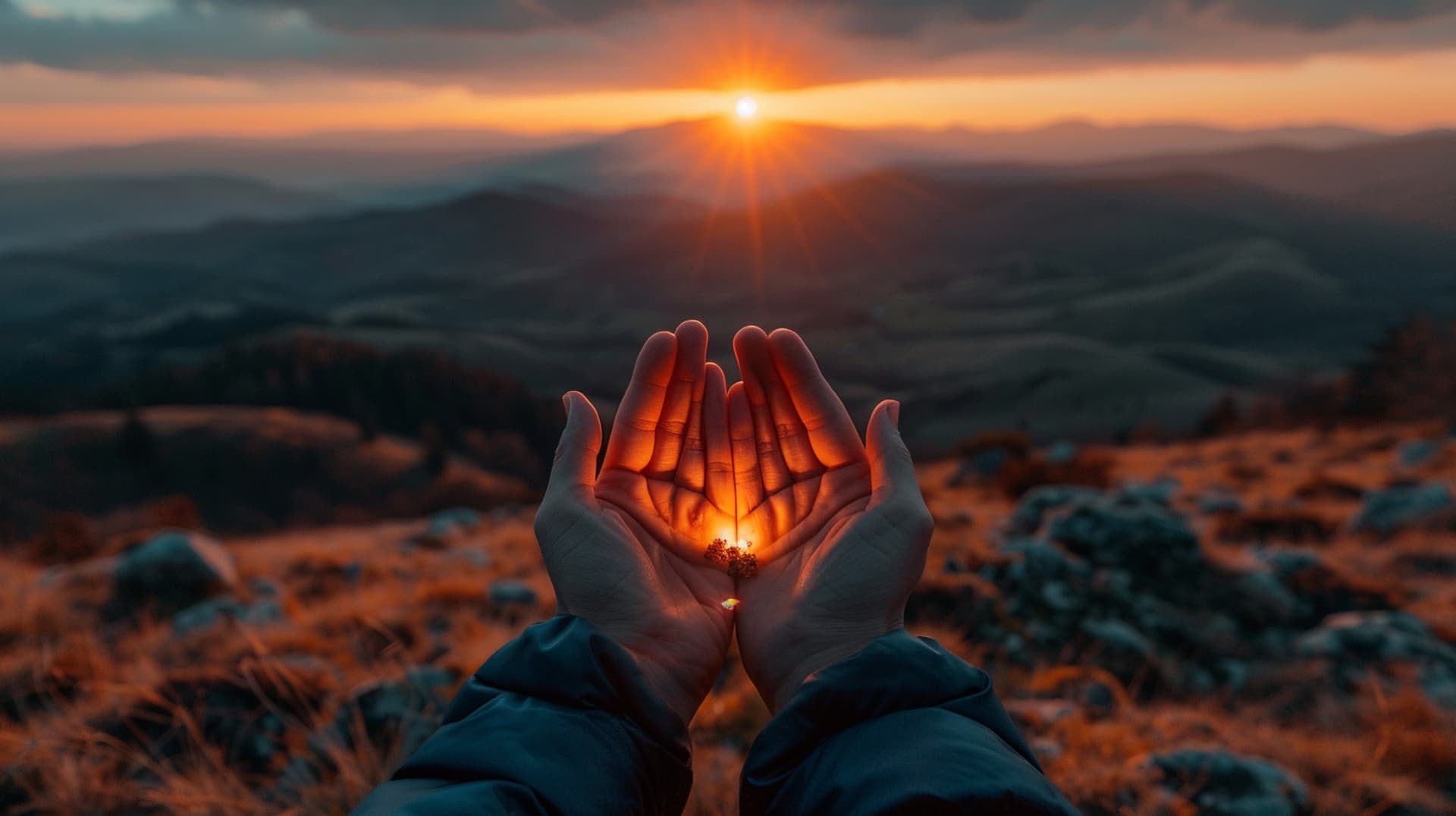 Manos abiertas recibiendo el amanecer sobre las montañas
